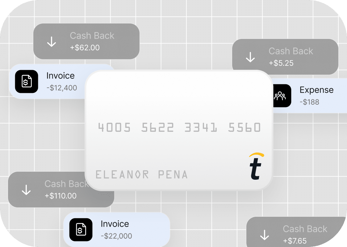 A credit card labeled "Eleanor Pena" is centered on a grid background, surrounded by floating icons and text showing invoices, expenses, and cash back amounts.