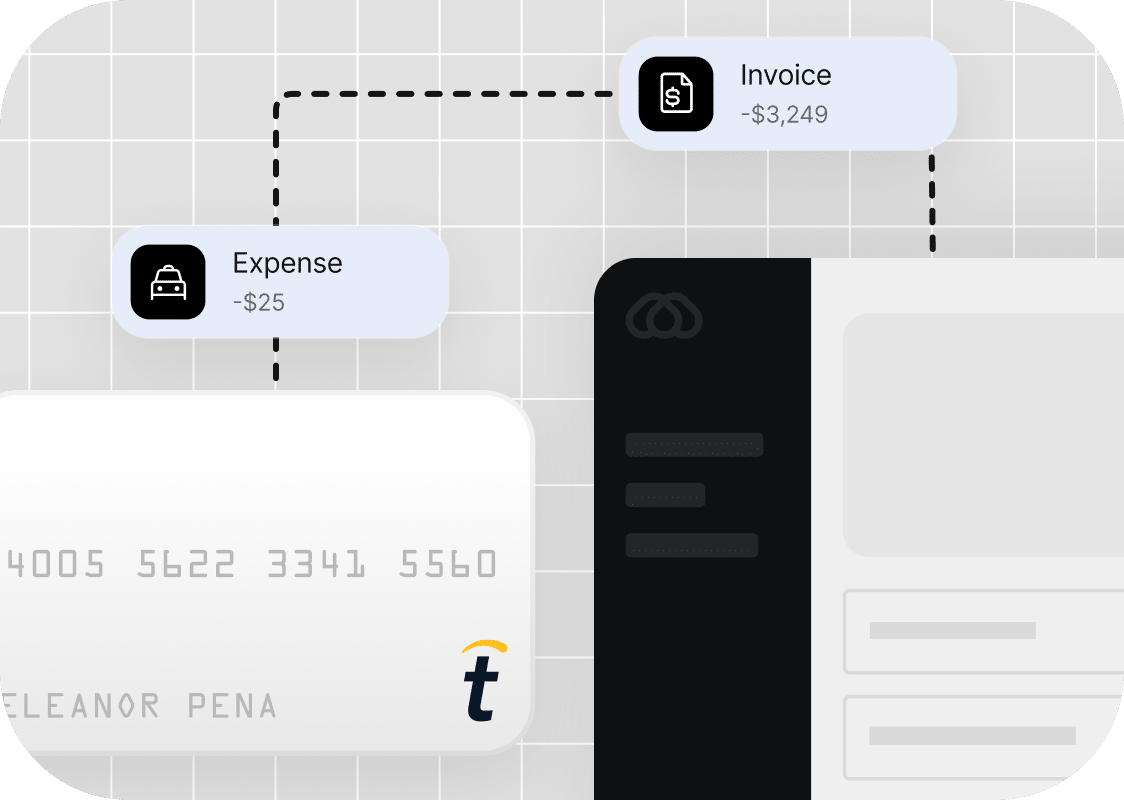 A credit card labeled "ELEANOR PENA" appears with icons for an expense of $25 and an invoice of $3,249 shown on a grid background.