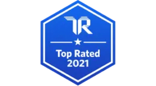 A blue hexagonal badge with the text "Top Rated 2021" and the letters "TR" above it.
