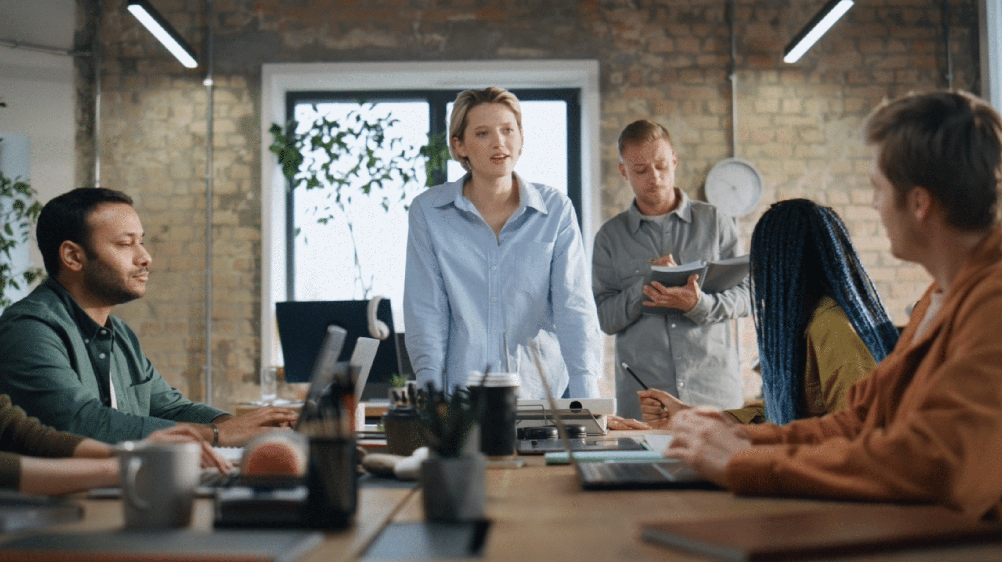 A woman stands speaking in a casual office setting, surrounded by seated colleagues with laptops and notebooks. A man in the background writes on a tablet.