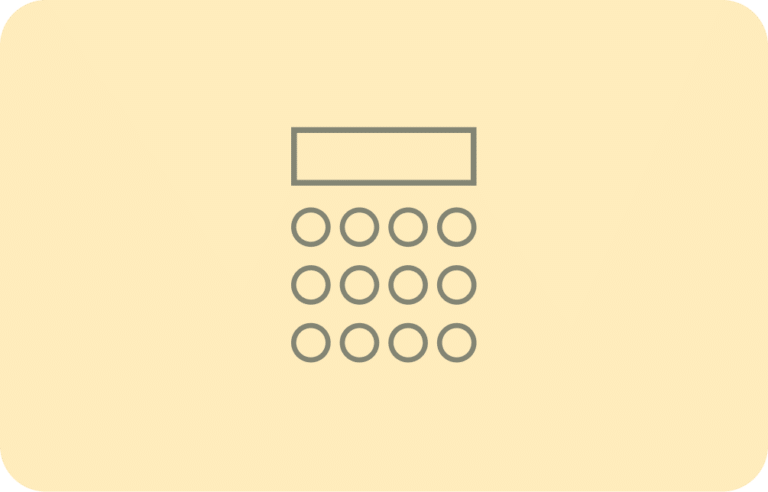 Icon of a calculator with a rectangular display and a grid of circular buttons on a beige background.