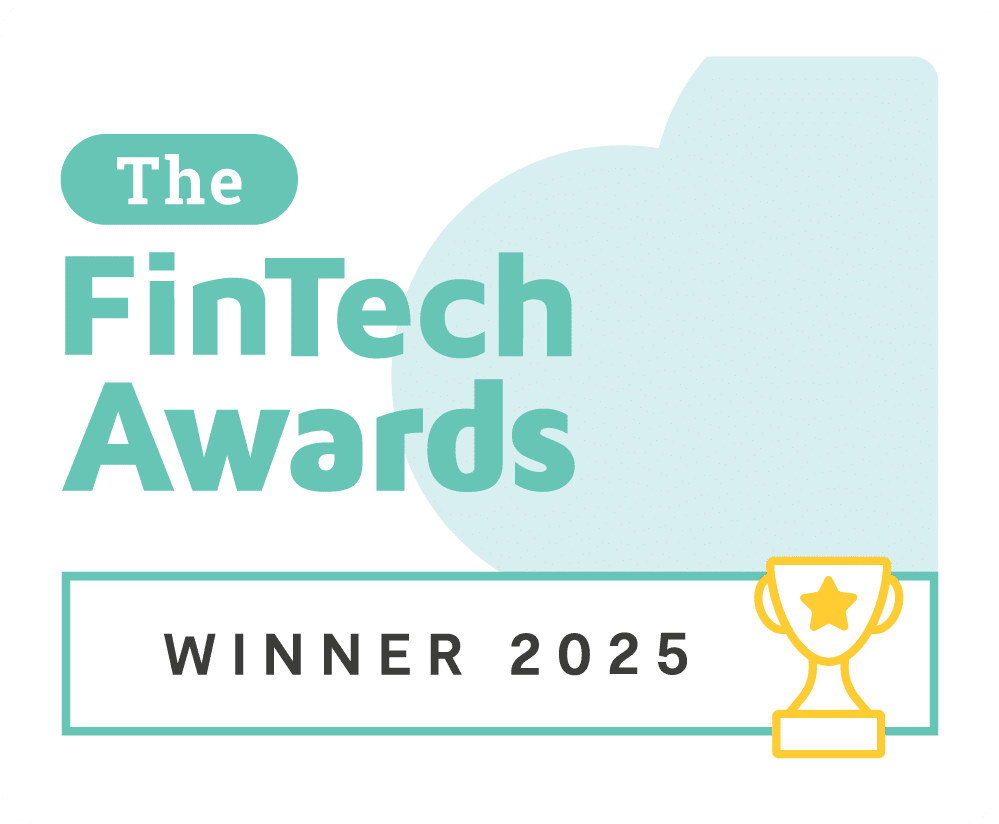 FinTech Awards logo with text "WINNER 2025" and a yellow trophy icon.
