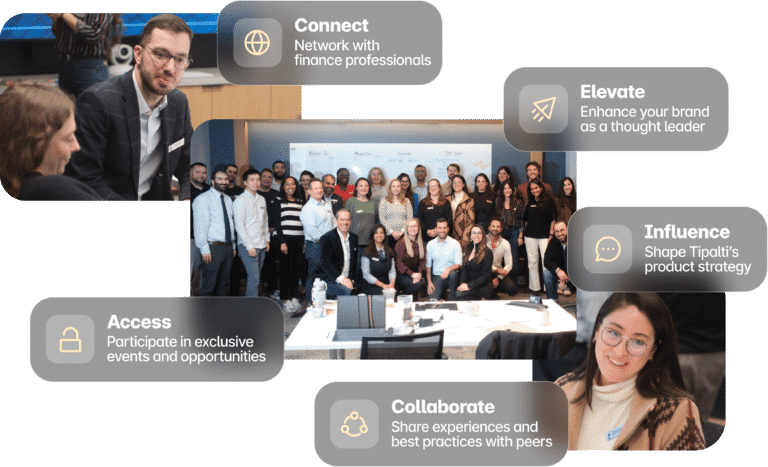 A group of professionals pose together in an office setting, surrounded by captions highlighting networking, leadership, collaboration, product influence, and exclusive access.