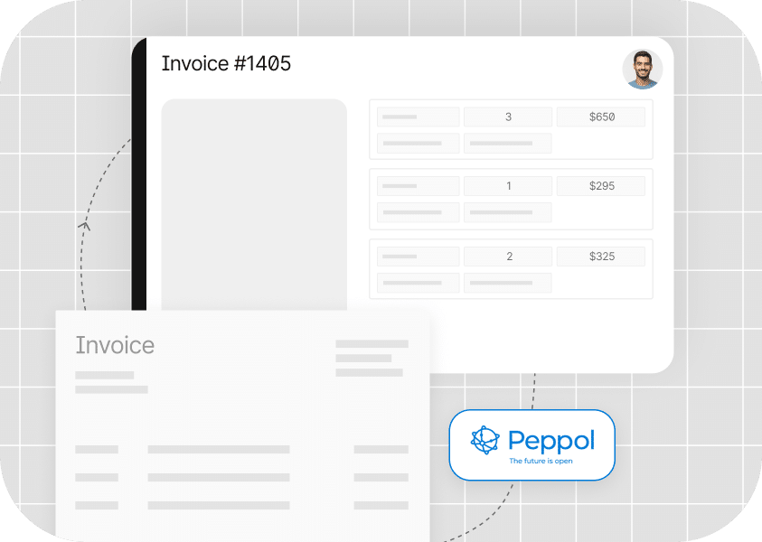 Illustration of an invoice layout and a Peppol logo on a grid background.