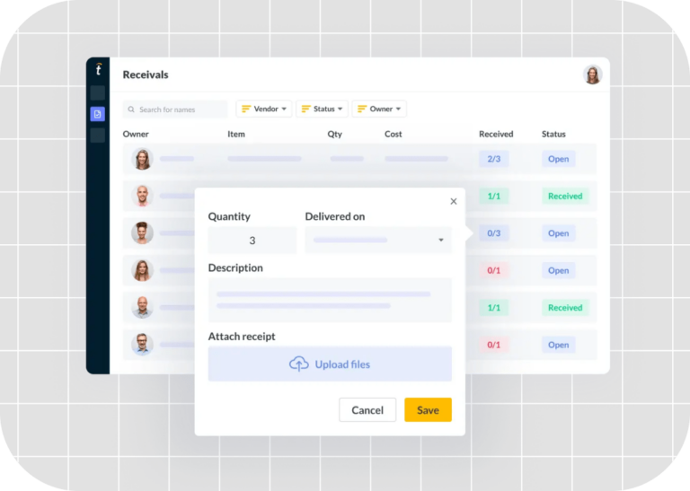 The digital interface features a receivals dashboard with tables for owner, item, quantity, cost, and status. A pop-up window for editing details enhances the main display, seamlessly integrating po management tasks.