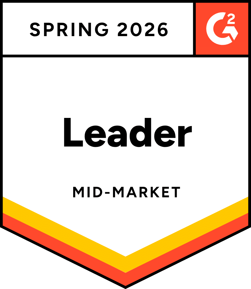 Badge displaying "Mid-Market Leader" for Winter 2026 from G2, with a red and yellow border at the bottom.