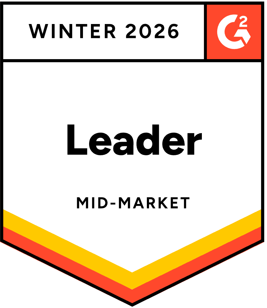 G2 badge for Winter 2026 showing "Leader" and "Mid-Market" with a red and yellow border.