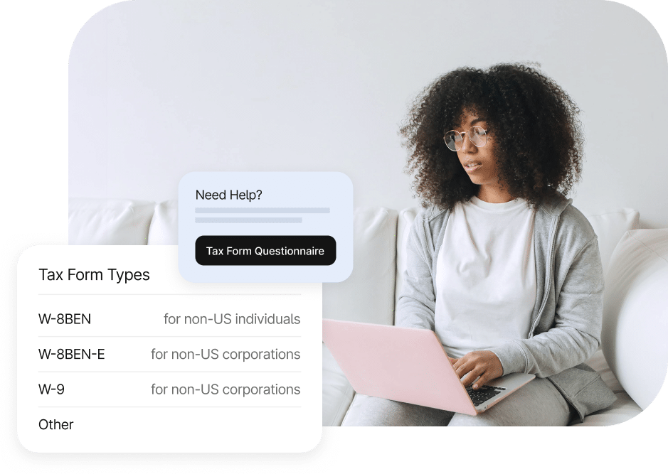 A person with a laptop on their lap sits on a couch, next to an on-screen prompt for a tax form questionnaire and a list of IRS form types and their uses.