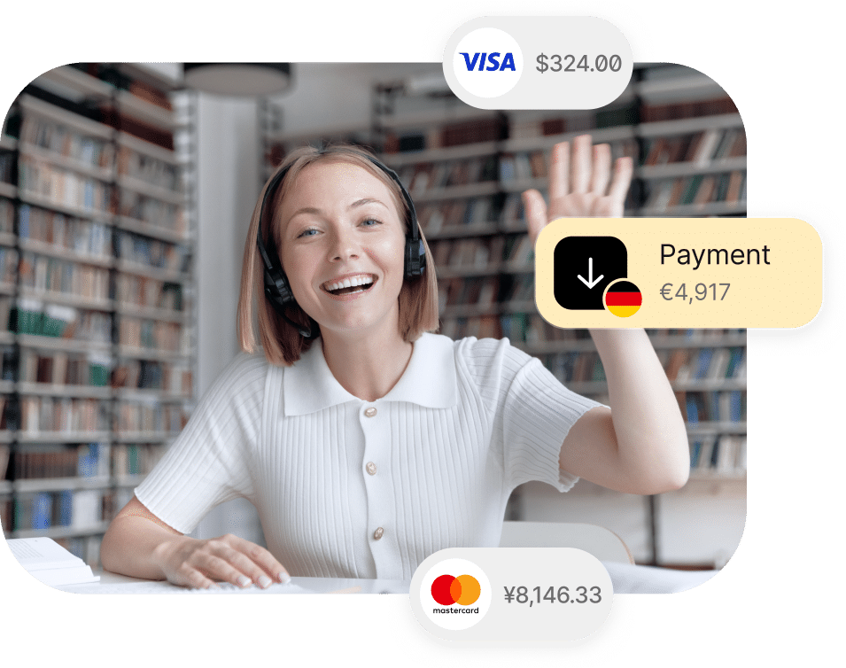 A woman wearing headphones sits at a desk and waves. Overlaying icons show various currency amounts: $324.00 (VISA), €4,917 (payment received), and ¥8,146.33 (Mastercard). Bookshelves are in the background.