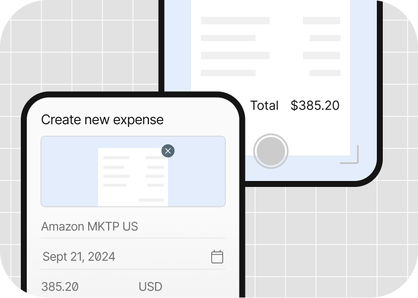 The image shows an expense-tracking interface. The user is creating a new expense for Amazon MKTP US on September 21, 2024, with an amount of $385.20 USD.
