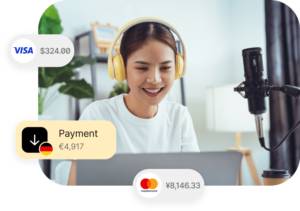 A person with yellow headphones smiles at a laptop. Surrounding them are three transaction notifications: Visa ($324.00), Payment (€4,917), and Mastercard (¥8,146.33).