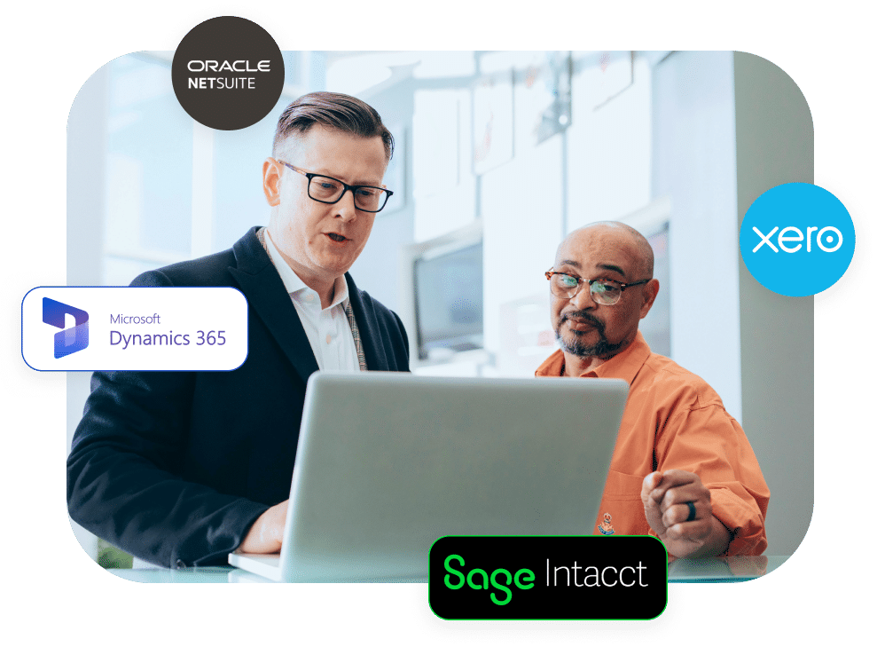 Two men working together on a laptop, surrounded by logos of Oracle NetSuite, Microsoft Dynamics 365, Sage Intacct, and Xero.