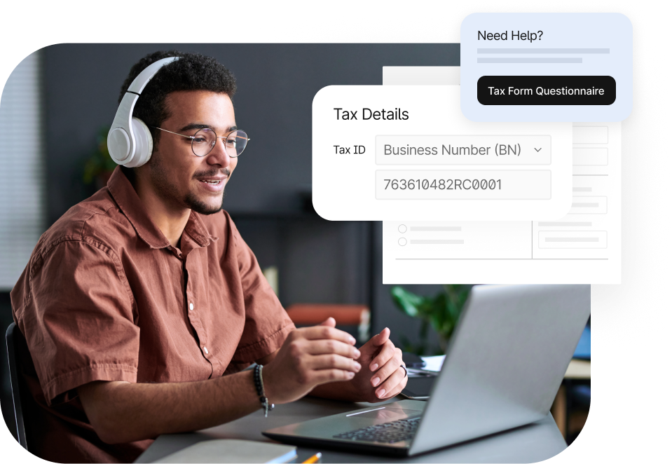 A person wearing headphones sits at a desk with a laptop. A floating menu titled "Tax Form Types" lists various W-8 and W-9 forms. A pop-up offers a "Tax Form Questionnaire" for help.