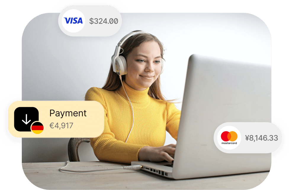 A woman in a yellow sweater uses a laptop with headphones on. Digital payment notifications for Visa, Mastercard, and a 4,917 euro transaction are visible around her.