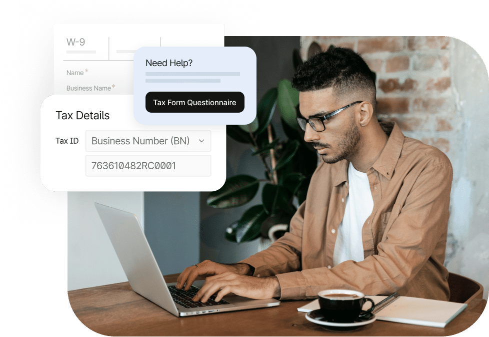 A man is typing on a laptop at a desk with tax form types displayed on the screen, including W-8BEN, W-8BEN-E, W-9, and other options. A "Need Help? Tax Form Questionnaire" button is shown.