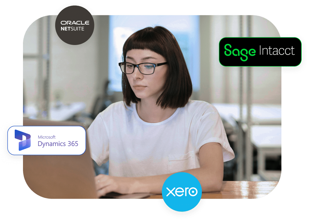 A woman sits at a desk using a laptop. Logos for Oracle NetSuite, Sage Intacct, Microsoft Dynamics 365, and Xero are displayed around her.
