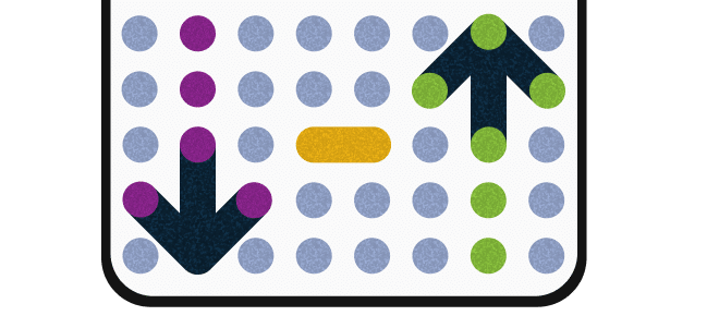 A grid of circles showing a leftward purple arrow, a green upward arrow, and a yellow horizontal bar in the center.