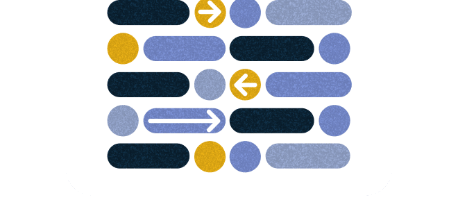 An abstract graphic consisting of rows of circular and elongated shapes in varying shades of blue, black, and yellow. Some shapes contain white arrows pointing left or right.