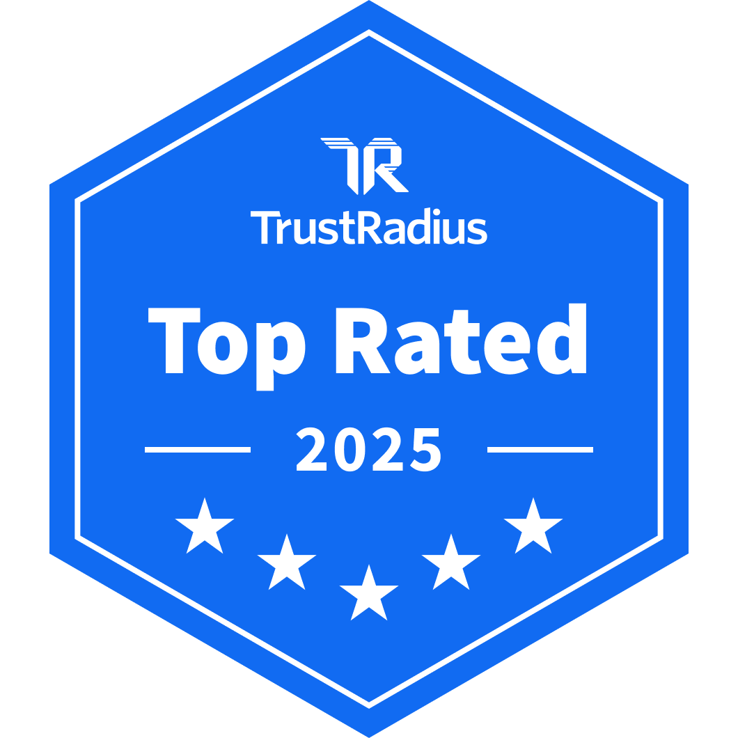 Blue hexagonal badge reads "TrustRadius Top Rated 2025" above five white stars.