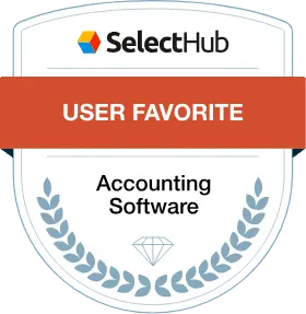 A badge from SelectHub labeled "User Favorite Accounting Software" with a diamond icon below and laurel graphics on either side.