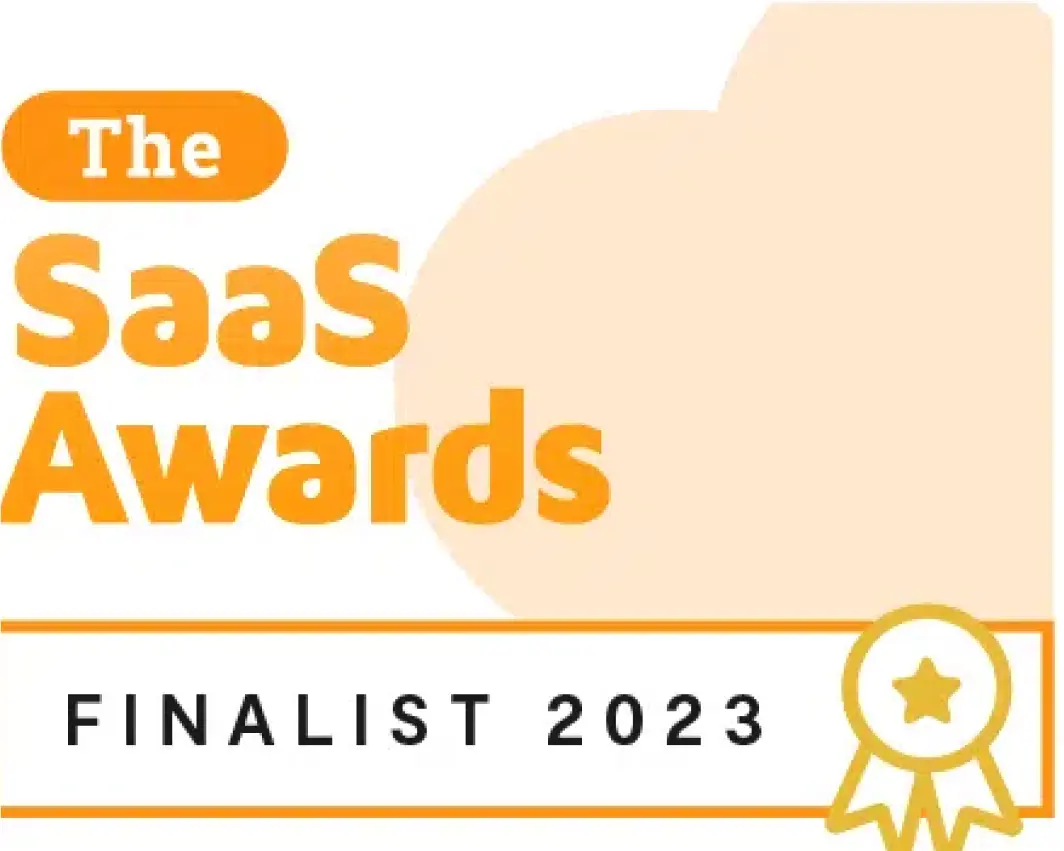 A grayscale image featuring a badge with the text "The SaaS Awards" and "Finalist 2023" along with an icon of a ribbon.