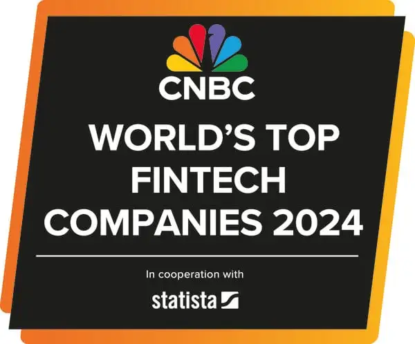 Logo for CNBC World's Top Fintech Companies 2024, in cooperation with Statista, on a black background with a gradient border.